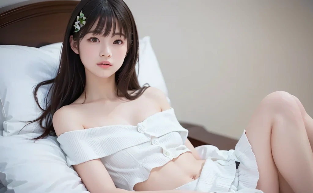 15 years old, ((masterpiece, hyper quality, highly detailed)), photo realistic, realistic, (ultra high definition: 1.2), High resolution 16k, (Skin texture must be natural:1.5), (pale skin: 1.3), white skin:1.4, perfect anatomy, ((2 arms,2 legs)), detailed facial expressions, f/16,focus on the eyes, solo, ((japanese girl)), (embarrassed:1.5), blush, orgasm, (lying down on her back:1.2, Pose to show pussy by raising both legs:1.3, embarrassing open legs), (full body:1.3,Looking down from the ceiling,shoot from below), japanese school girl:1.2, detailed crotch, detailed thighs, detailed legs, Angle centered on the crotch, (cute:1.2), (long hair:1.3), black hair, thick eyebrows, brown iris, shining black eyes, eye reflection:1.2, tareme, long eyelashes, natural color lips, (Average face of Japanese idols), ((Baby face unique to Japanese people:1.3)), (baby face:1.5), (face of japanese school girl:1.2), wide forehead:1.2, plump cheeks, small chin, body shape:1.3, slender body, Beautiful and small breasts, thin waist, detailed , hidden feet, visible cleavage, (high school uniform:1.4), white striped panties:1.3, camel toe, ((very soft big bed,large pillow with frills)), looking at viewer, body,Masturbating:1.4, ((show erection of the nipples)),