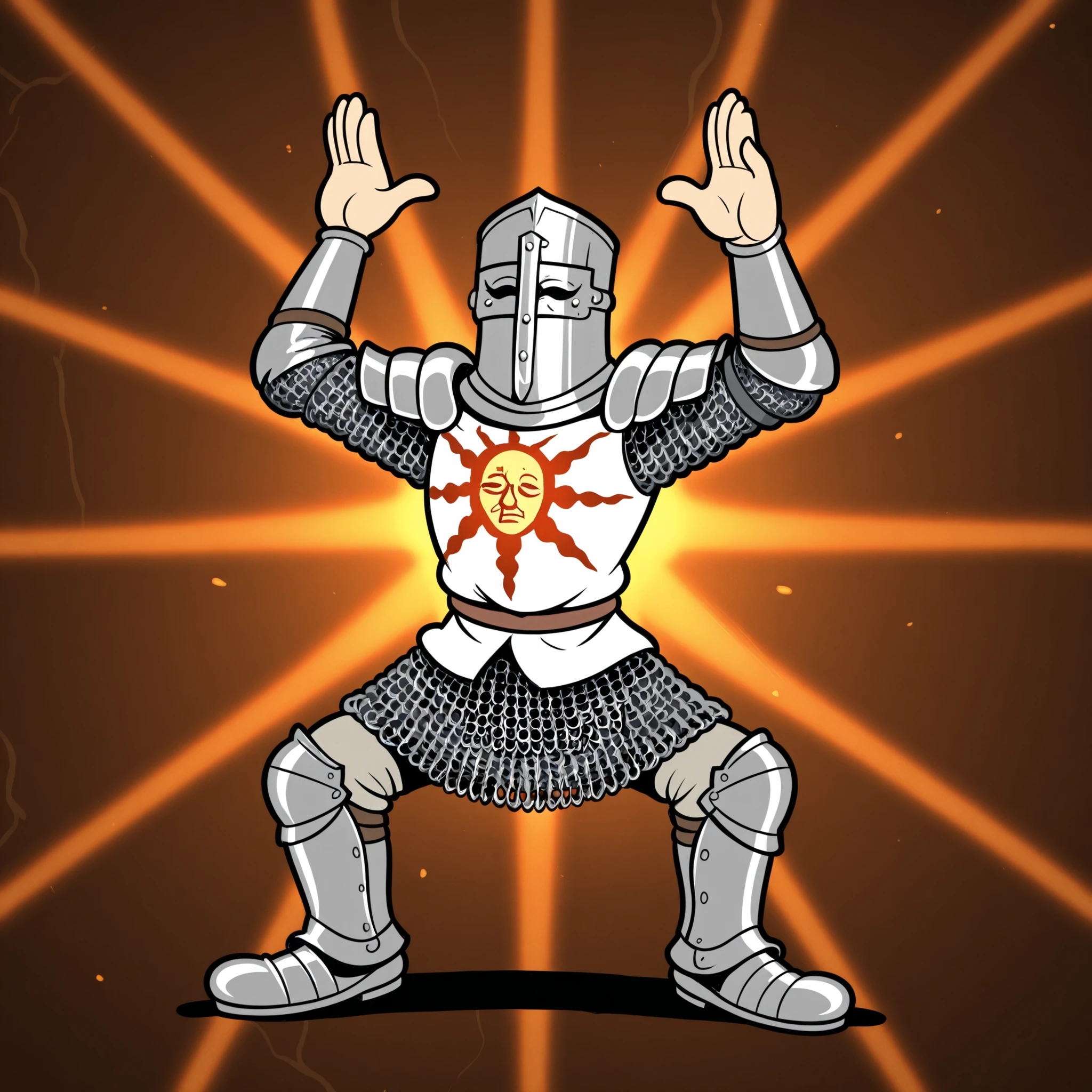 masterpiece, best quality, Rubberhose, toon \(style\) solaire dark souls chainmail armor knight male
praise_the_sun pose