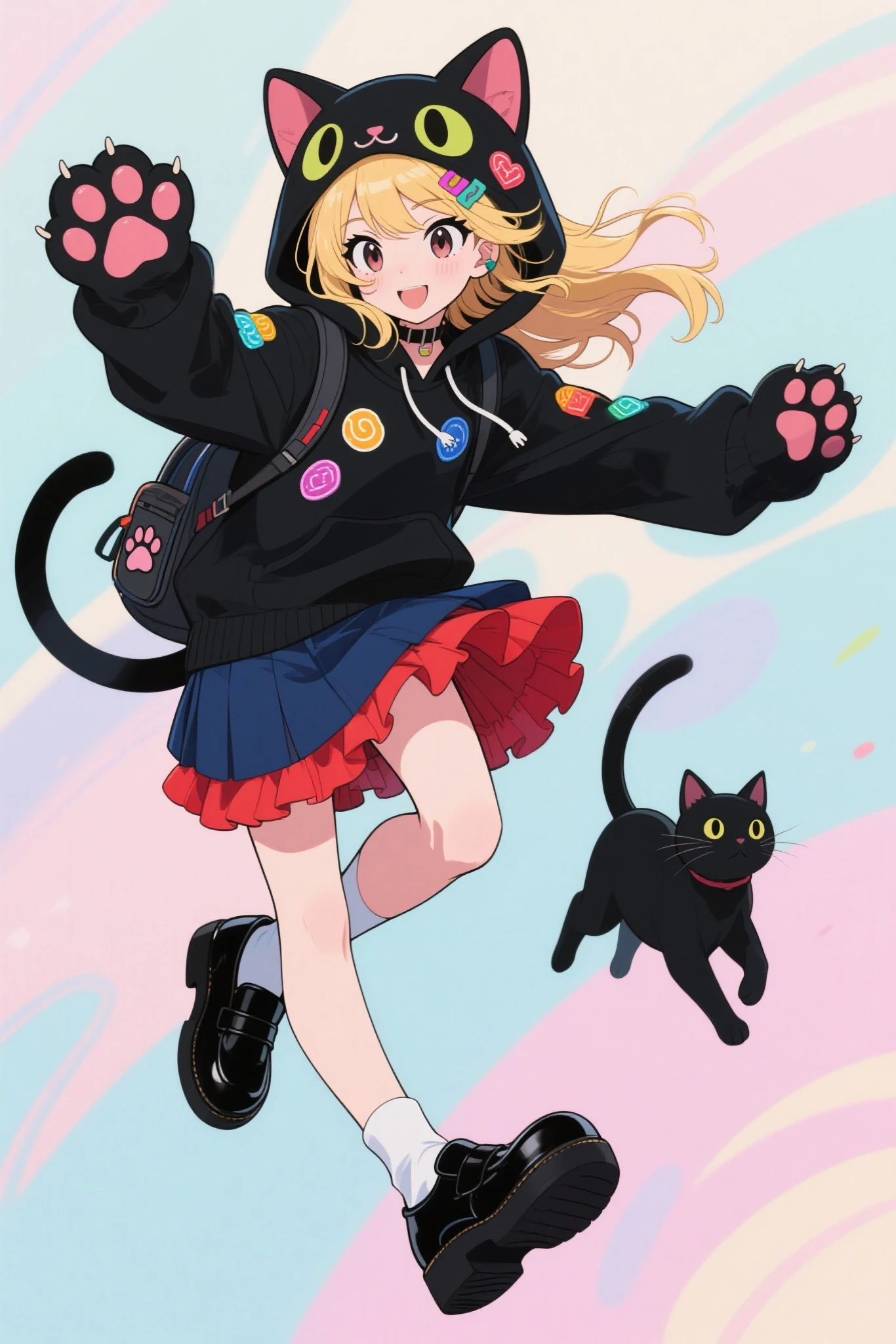 This girl's character is depicted in playful, dynamic poses, Kicking movement,Brown Braided Hair ,has a slightly open mouth, squirrel tail,I'm wearing a squirrel striped hoodie with squirrel ears,Layered dress with purple skirt and orange ruffles,wearing black loafers,has a small backpack,A few squirrels are running beside her,The background has an overall abstract atmosphere in soft pastel colors,complements her vivid taste,animeキャラクター,portrayed in strong composition on a large screen, anime, production animeーションセル, candy-punk character design,   production art