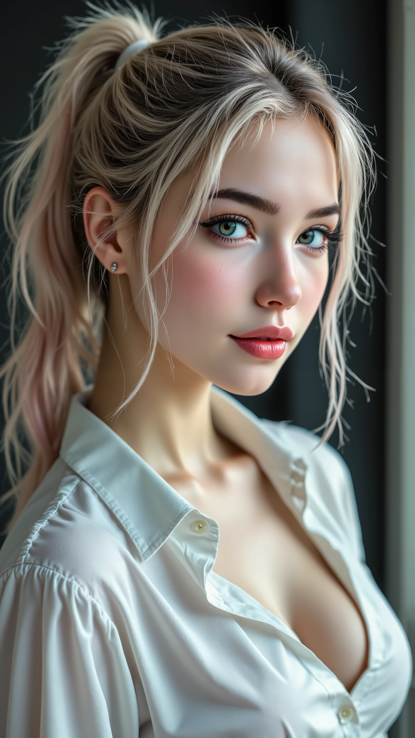 realistic ((photorealism)), Hyper Hi-Res, ((Super Quality, epice masterpiece , exquisitely detailed digital art)),((focus on extremely realistic Proportion Body:1.3), ((full body photo)), Her Friends and Perfect Pear Shape, Pink and Green Hair , long ponytail, ((sharp concentration in nude clothes, no blurry eyes, extremely absurd quality, HYPER DETAIL,超realisticな緑色の目:1.4)), (Tender eyes), (Detailed eyes , ( ultra-fine detailed eyes )), She's a Russian beauty with lovely big eyes , silver hair, red lips, pale skin, clean skin, Perfect pear-shaped figure, And She's 174 cm tall, She's a Spy, and she infiltrates a major US agency wearing a white women's suit, Most people don't know She's a Spy, she's so beautiful , She has an attractive smile, The Greatest Spy, dslr, HIGH QUALITY SPLIT LIGHT , sharp concentration in nude clothes captured by Fujifilm XT3, f 5.6,(perfect composition),((viewers)), (rendering engine: "Unreal Engine 5 path tracing, 16K texture map") Ultra High Definition,Unreal 5,subsurface scattering, PBR Texturing ,Post processing,anisotropic filtering,depth of field in shallow water,Maximum Sharpness and Sharpness,Multilayer Texture,albedo and specular maps,Surface Shading,precise simulation of the interaction between light and matter,完璧な比率,octane rendering,Two-tone lighting,Open aperture, Low ISO, white balance on the lunar surface , The rule of thirds