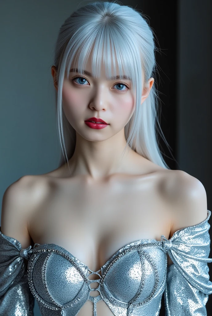 perfect anatomy、one girl、18talent、An ennui look、((smile:0.1))、small nose、plump lips、detailed eyes、super detailed face、silver hair、short bob、messy hair、very fine skin、white skin、small breasts、small breasts、(highest quality:1.0), (超A high resolution:1.0) ,(realistic:1), (Super detailed:1.0), (8K RAW写真:1.1),