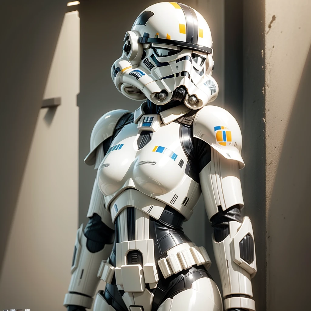 Photo of a female Stormtrooper from Star Wars, (full body), ((Dynamic portrait)), ((Hyperrealism)), ((Detailed RAW color art)), ((Bokeh effect)), ((Leading Lines Shot)), ((Tilt-Shift (Simulating Miniature Scenes))), ((Butterfly lighting)). She wears the iconic Stormtrooper armor with a glossy black finish and thigh-high boots. Her medium-sized breasts are hidden underneath the rigid structure of her uniform. Her eyes are covered by the helmet, but her expression is determined and focused, creating an intriguing contrast between her impassive face and the lively background. The photograph, taken with a high-end