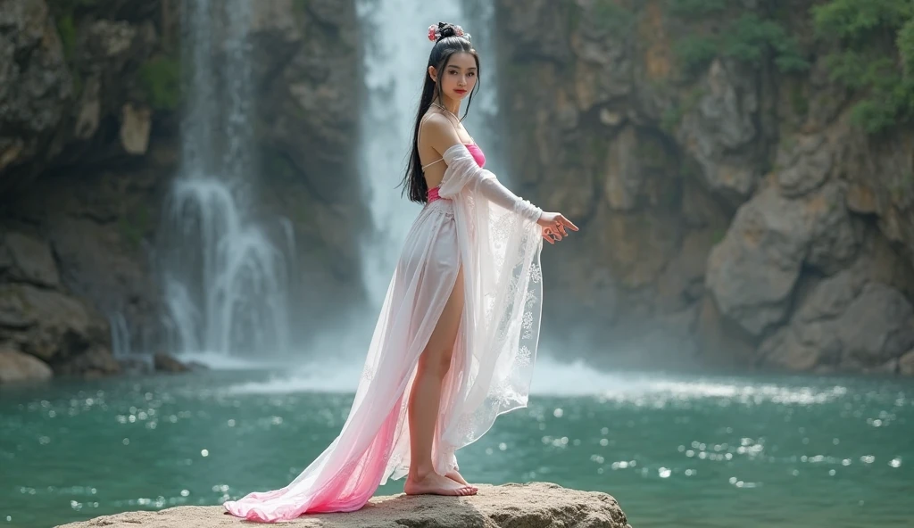 a mystery shot of a woman in a red dress dancing on a rock at the shore, a red fairy hanfu, birth of the universe, bright red cape on her back, cover her eyes and, freestyle, free from eveything mindset, freedom vibe, nothing to afraid her, bravely, winning every war mindset, floating red cape, dancing freely, fairytale style, mystery beautiful, japanese gate on the stone background, red thin cloth fairy hanfu, long and floating hanfu, covering her eyes with