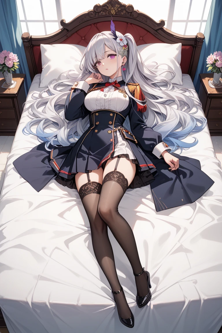 high resolution、high quality、Beautiful coloring、Azur Lane Ayanami、4K、finest, masterpiece, High resolution, (Full body view from head to toe), Composition from the front and slightly below, symmetrical composition, Composition with accurate balance throughout the body、18 years old, slim and beautiful girl, alone, (small breasts), (not wearing shoes),messy hair, bangs, (black tights), (black pantyhose), (sitting on the floor with legs apart), (A pose in which the legs are spread apart on the bed), tied up with both arms hidden behind the back, (Composition showing white panties), (her legs spread、I can see white panties.), (Open mouth with a pained expression), blush, shy big eyes, looking at camera, blazer uniform, plaid pleated skirt、Black knee-high socks、Absolute area、Very large breasts、G cup,Blushing、Embarrassing、No panties、No underwear、A clear detailed view of the female genitals、Love juice、The genitals are wet