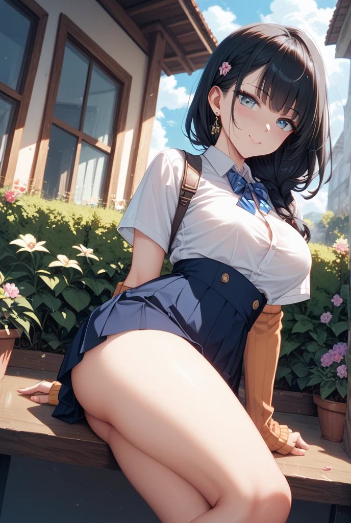 (masutepiece), Mature Schoolgirl, Sexy, posterior, Floral lace underwear, Natural light, Photorealistic, Cameltoe, diffuse glow, depth of fields, White skirt, steam, (Lift skirt), (Urination), Lifelike