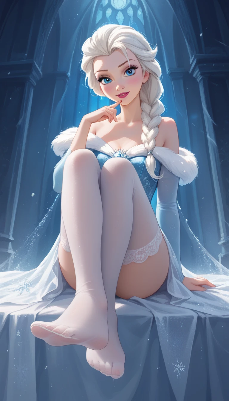 Elsa, 1girl, Beautiful, character, Woman, female, (master part:1.2), (best quality:1.2), cinemactic, perfect eyes, pele perfeita, perfect lighting, smiling, light, seductive, flirting, (lace lingerie, translucent), ((lacy balck stockings)), black stockings, seduction of a man, high heels, full body, focus on legs, perfect hands, makeup, hot princess, (A revealing and embarrassing outfit), lying, angelawhite, white stockings, ultrarealistic sweet bunny girl, very very kawaii, japanese goddess, the bunny has fur, smooth skin, with bunny ears, sitting on snow, perfect white haired girl, she is on snow,outside