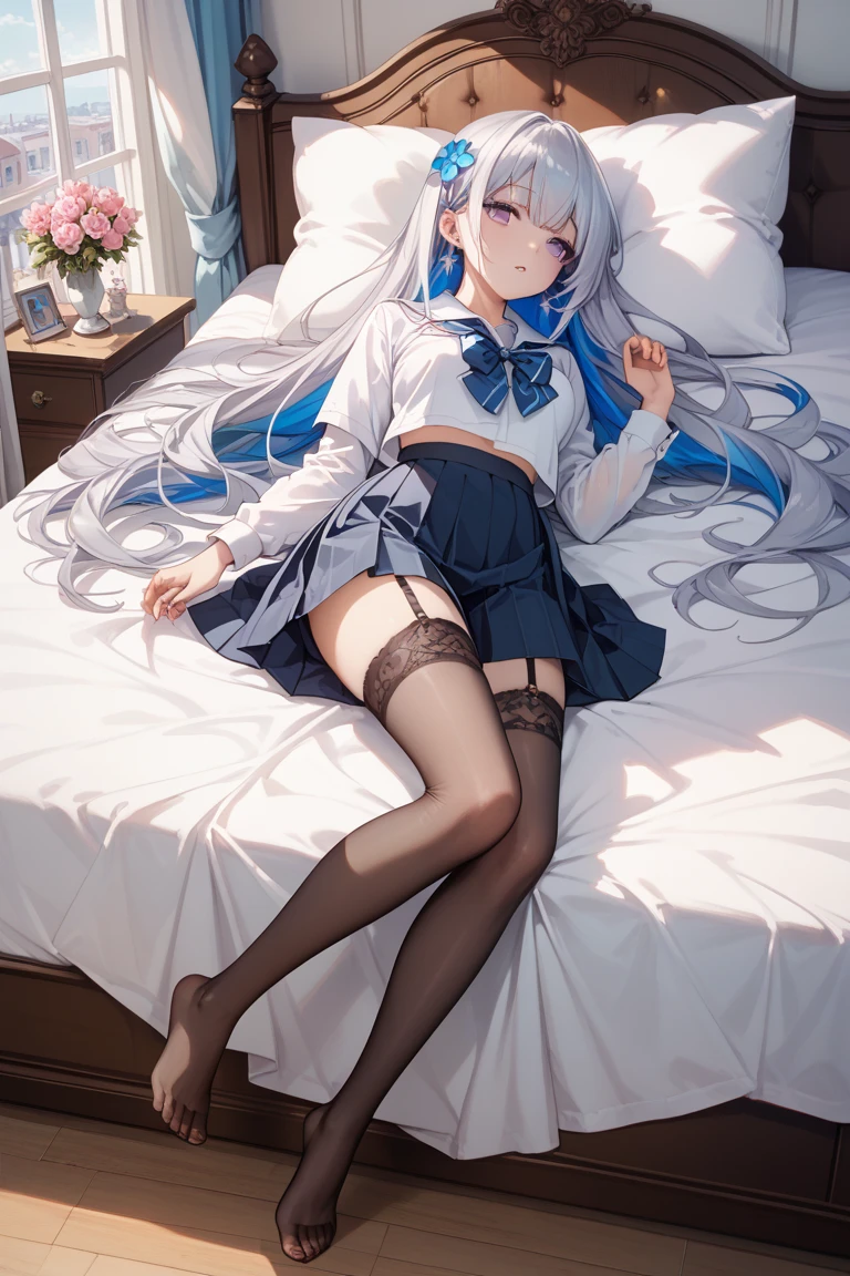 ((Highly detailed white lace panties)), Extremely detailed image quality,masterpiece,Highest quality,Official Art,Highly detailed CG Unity 8k wallpaper,A shy smile,high school girl, Long Hair,Black Loafers, White loose socks, Spread your legs, Sleep on your back on a luxurious bed, Looking at the camera, From above,
