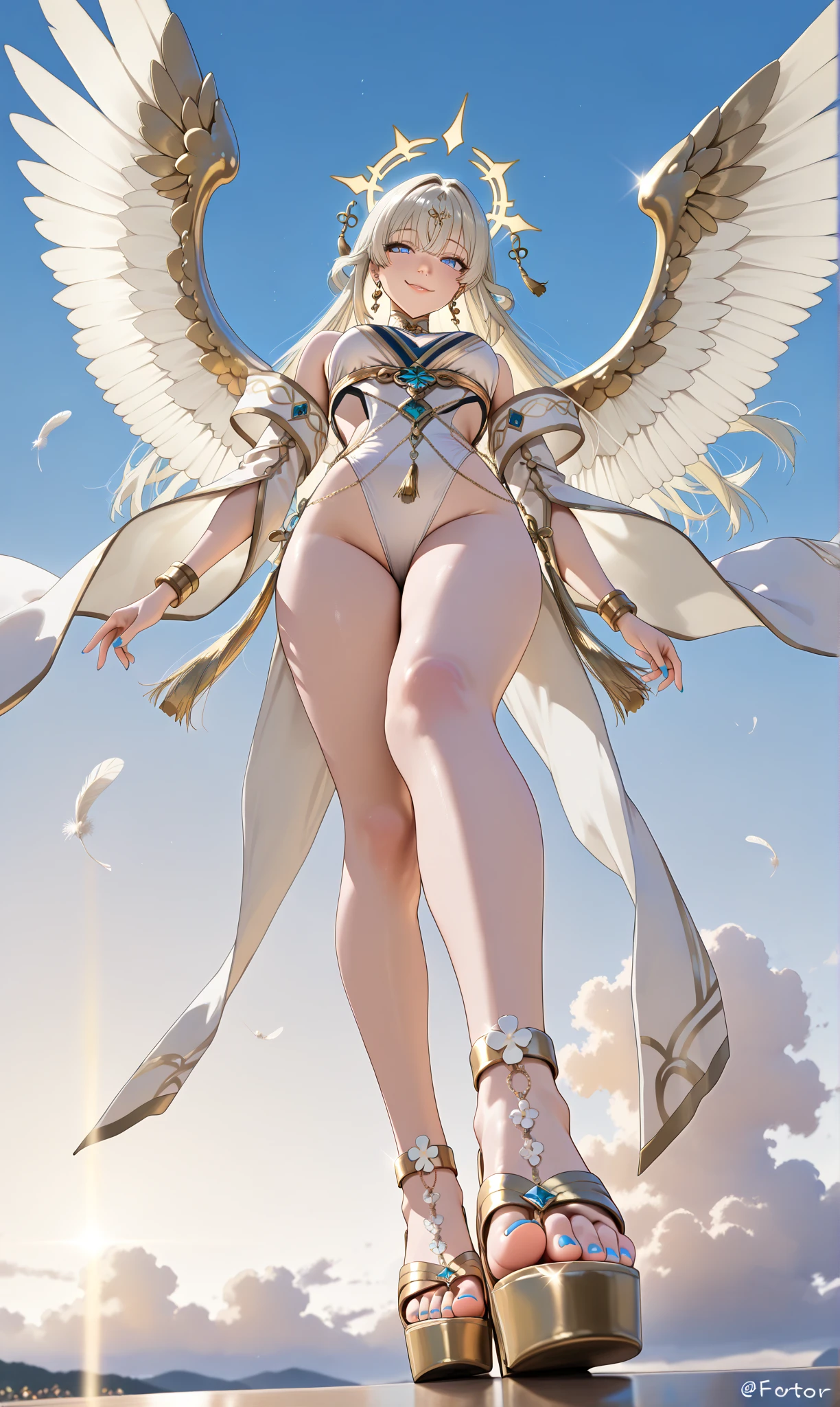 Best quality, high quality, 8k, high resolution, best quality, anime, solo, arafe woman wearing white bikini, looking at you with kind eyes, long neck, bare hands, bare feet, navel, motherhood, thighs, background of room with chandelier, standing, open mouth smile, blonde hair, high quality blue eyes, wearing white bikini super wide angel, full body majestic angel, anime goddess, wide angel, angel white, magnificent pose, beautiful and attractive anime woman wearing white bikini, huge and stunning goddess shot, angel knight girl, tall female angel, angel wings on her chest, highly detailed goddess shot