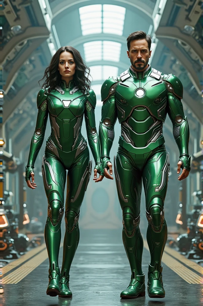 (((Incredibly sexy female Starship crew member wearing a revealing uniform))) stands with her (((fully dressed green scaly skinned male Alien captain))) on board ship