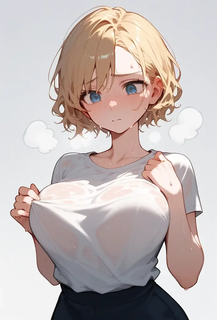 1girl,masterpiece, Awards, high quality, High resolution, HD, 4K,8K,high quality,portrait,simple background,closeup upperbody,white clothes,Independently deformed breasts,shruged,viscous paint,(swiping breasts:1.5),shorts,short hair,oily skin,bursting Cleavage,(Cleavage Bulge,deformed to Collaps breasts:0.8),Slimy breasts,Compressed chest