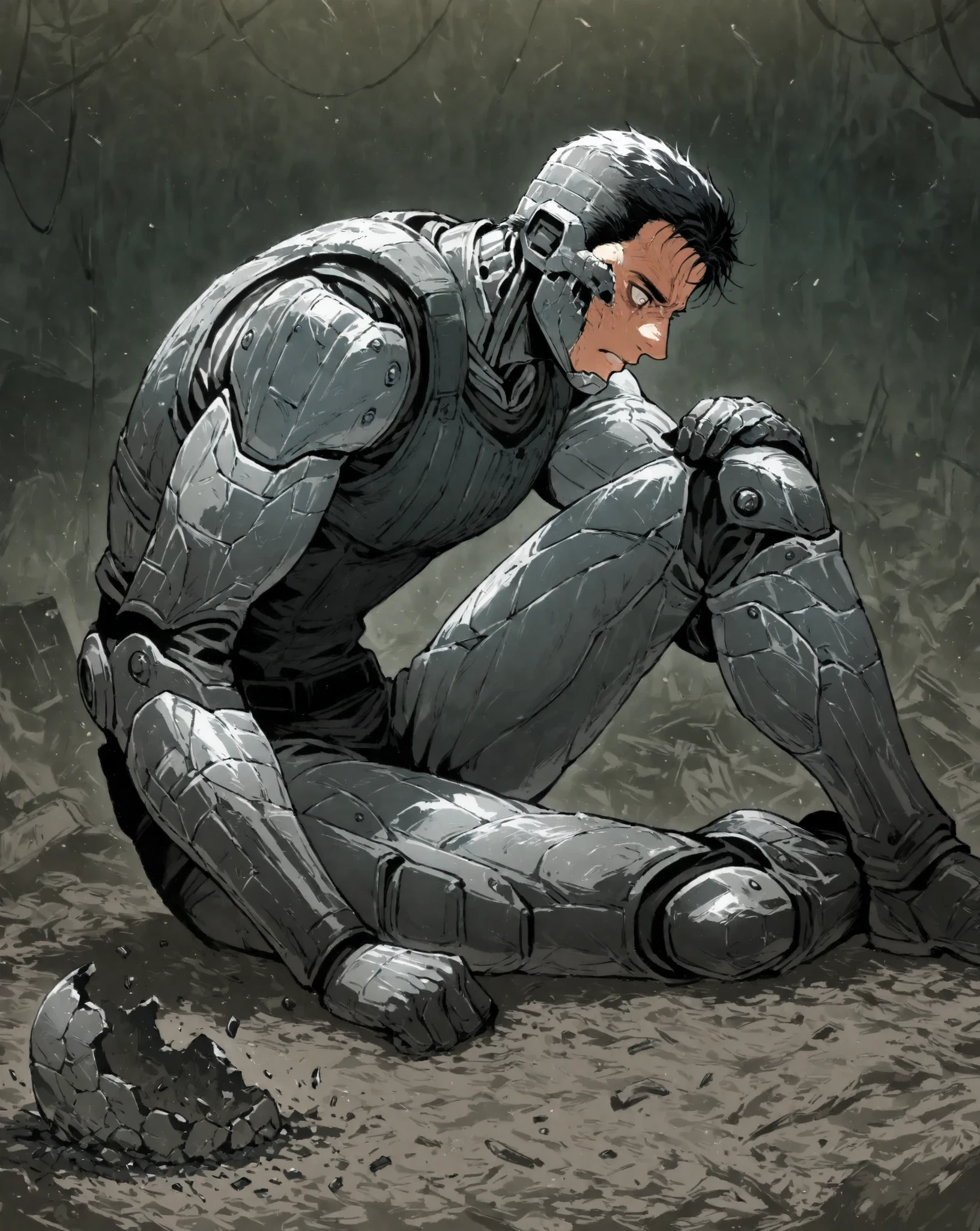 score_9, score_8_up, score_7_up, score_6_up, Perfectly accurate, absolute, Safe For Work, detailed face, perfect face, perfect eyes, beautiful illustration, masterpiece, best quality, newest, solo, Android, broken war (The real steel movie inside him) sitting dead in the corner of war ruins, the war, all over his body,crushed, broken face, Rusty iron texture, Metal fragments, was full of metal scrap, braving a battlefield with lots of smoke as a backdrop, masterpiece, best quality. side view, A scene from a movie