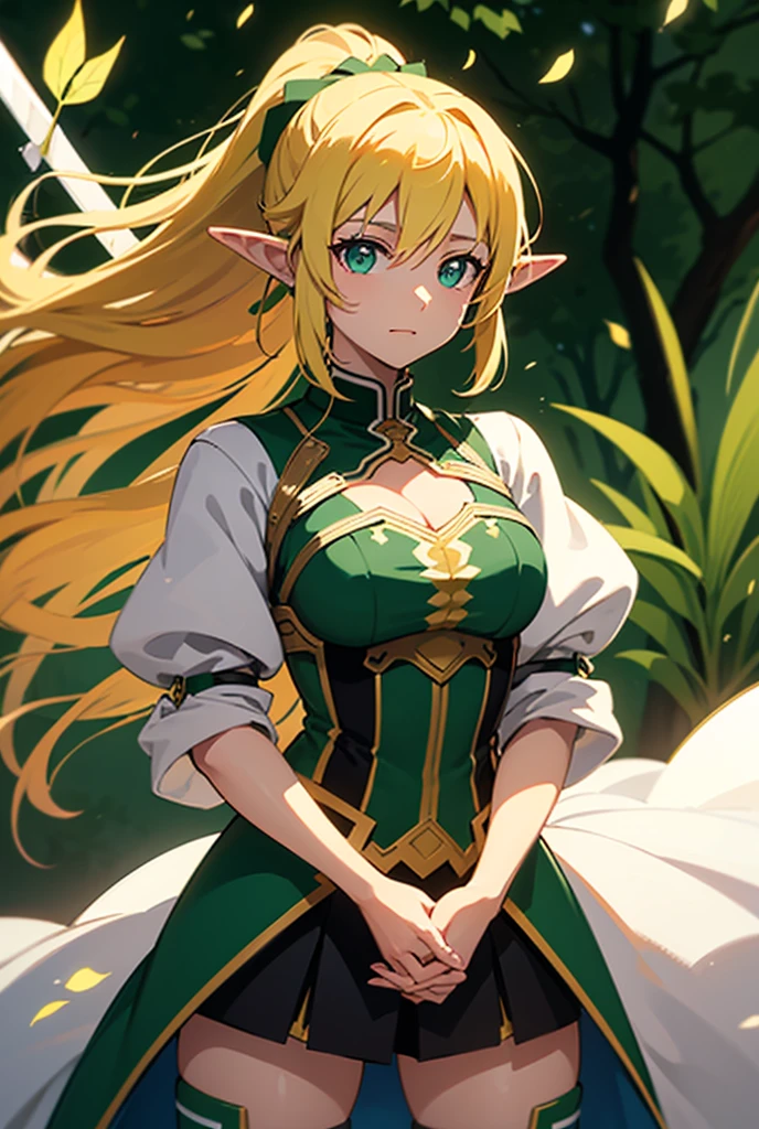 Black background with spotlight, (Elf Girl:1.3)((Dark Skin:1.5,Golden eyes:1.4,Bright green hair:1.3,Gal Style,big ,)),, (Long blonde hair:1.2), (Bright green eyes:1.3), White jacket,Blue mini skirt
