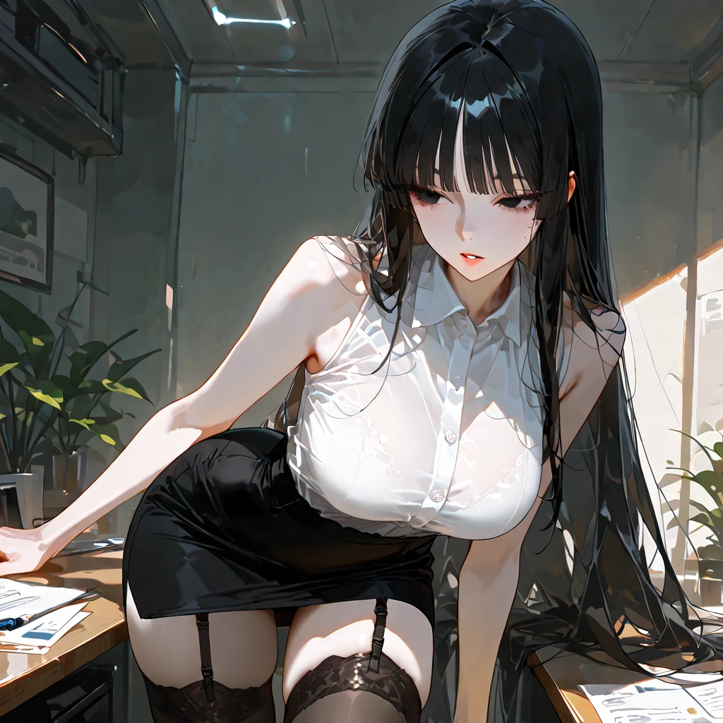 1girl, long black hair, classroom, chair, schoolgirl, high res, ultrasharp, 8K, masterpiece, looking at viewer, komi-san, big breasts, lingerie bra, normal pantyhose, no shirt, no skirt, black panties, voluptuous, view from above, manga style, black and white, sexy, no nudity