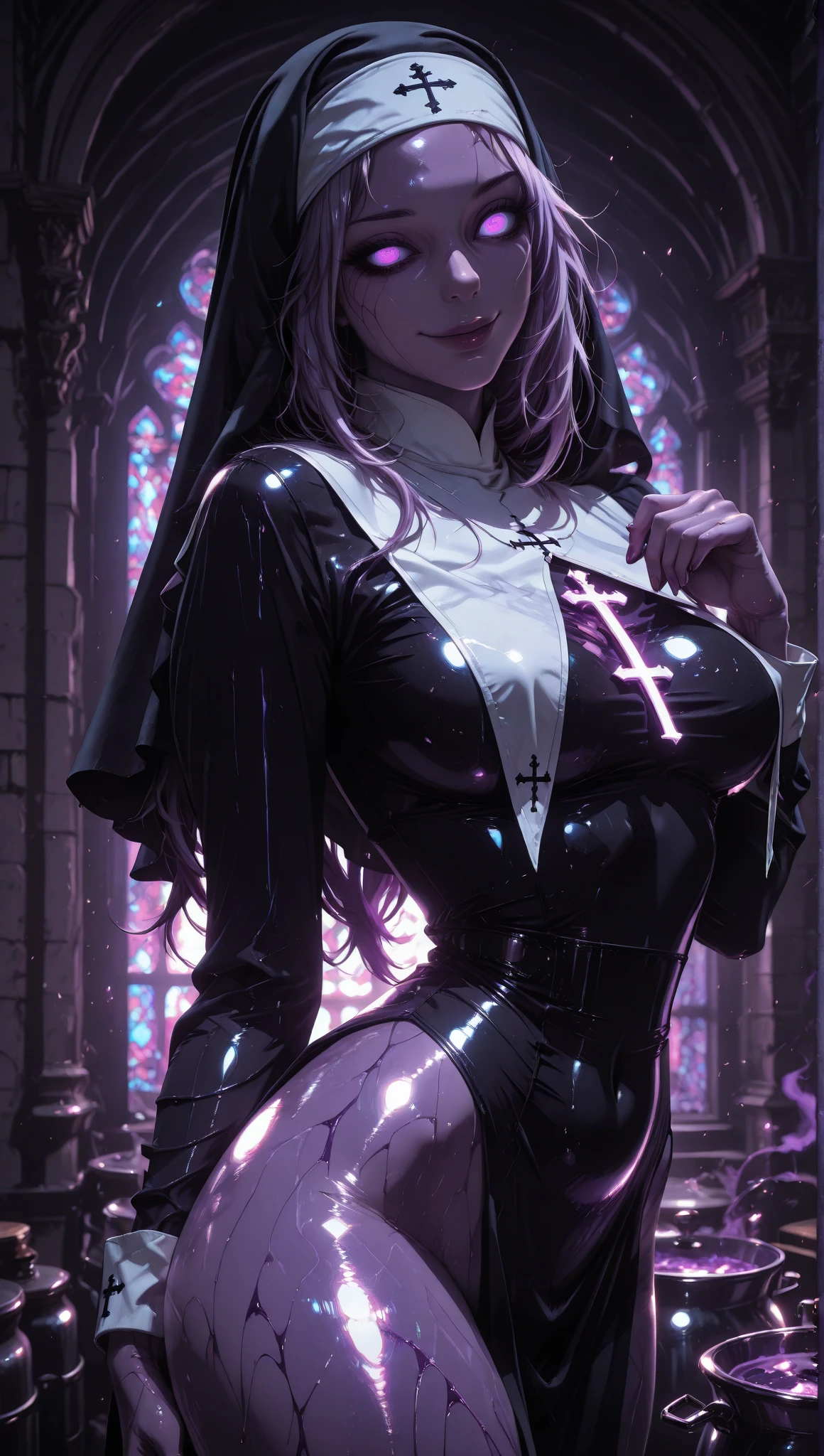 Mature Woman,(((Succubus disguised as a nun))),(((A thin veil covering the mouth,Sexy Costumes,Fishnet tights))),(Detailed Description, High resolution，8k wallpaper，masterpiece，Highest quality,Depth of region,Anatomically accurate depiction,A face with attention to detail, Eye for detail,Nice hands, Perfect Fingers,eyelash,(Intensely glowing purple eyes,Seductive Gaze,There is cleavage in the chest,A seductive smile,Large Breasts,Mysterious colored lips,bedにうつぶせ,Seductive pose,Beckoning),(((Glowing Skin、Shiny skin、Oilskin))),(From above:1.1),Perfect body,(whole body),background：bed,Devil&#39;s Wings