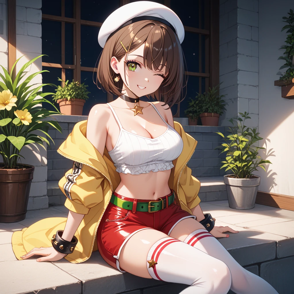 1girl, Maypokemon, red bandana, red shirt, breasts, cleavage, yellow belt, white skirt, thighs, white shoes, smiling, looking at viewer, <lora:May:0.9>