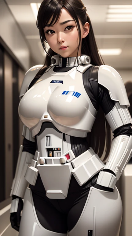 (best quality, masterpiece, highest detailed), (photorealistic:1.2), (detailed light:1.2), (Realistic skin texture:1.4), raw photo, cowboy shot, Lucy Pinder, star wars stormtrooper costume, posing, space station,  (looks at viewer)