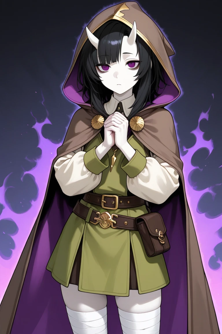 disdainful sorceress. bindi. short black hair. purple hood up. purple cape. black turtleneck dress. light gray pantyhose. performing a ritual in her dark bedroom. dim flickering candles. volumetric light. looking scornfully at viewer.