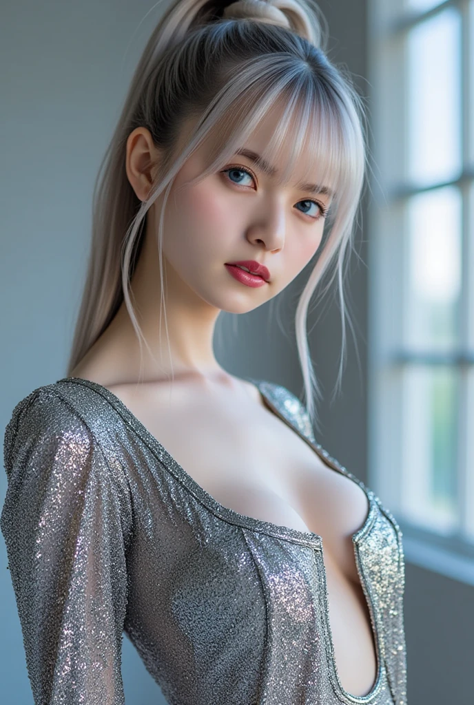 top-quality、8K Masterpiece、超A high resolution、(Photorealsitic:1.3)、(Raw photo)、1 girl、((short silver white hair))、glowy skin、1 Cyberpunk Super Beautiful Soldier、((super realistic details))、portlate、globalillumination、Shadow、octan render、8K、ultrasharp、beauty breast、Raw skin is exposed in cleavage、metals、cold color、、highly intricate detail、Realistic light、CGSoation Trends、Beautiful eyes、radiant eyes、Facing the camera、neon background details、