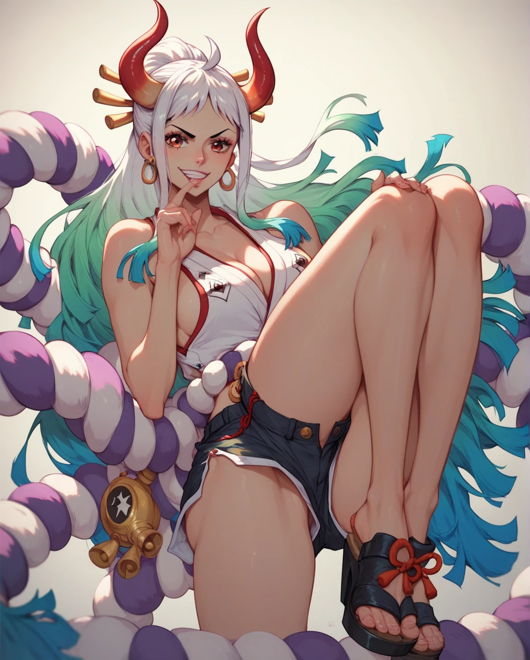 ultra realistic 8k cg, masterpiece, ((ultra detailed background, delicate pattern, intricate detail)), (highly detailed, fine details), best quality, (photorealistic:1.4),beautiful lighting, absurdres, RAW photo, film grain, ((Big breasts, Masculine girl)), Yamato, long hair, 1girl, horns, white hair, solo, oni, red horns, curled horns, hair ornament, (multicolored horns), jewelry, earrings, japanese clothes, kimono, hair stick, sleeveless, bare shoulders, aqua hair, sidelocks, hoop earrings, hakama, smile, wide smile, ((orange eyes, Masculine girl, Big breasts)), (complex detailed background, barren land, moon, portrait, close-up),a woman in a nappy plays with a dildo in her face, 1girl, mouth mask, solo, mask, phone, object insertion, v, pussy, anal, anal object insertion, holding phone, pubic hair, cellphone, thighhighs, female pubic hair, lying, black hair, smartphone, shoes, on back, white thighhighs, sex toy, stuffed toy, anus, holding, selfie, feet, looking at viewer