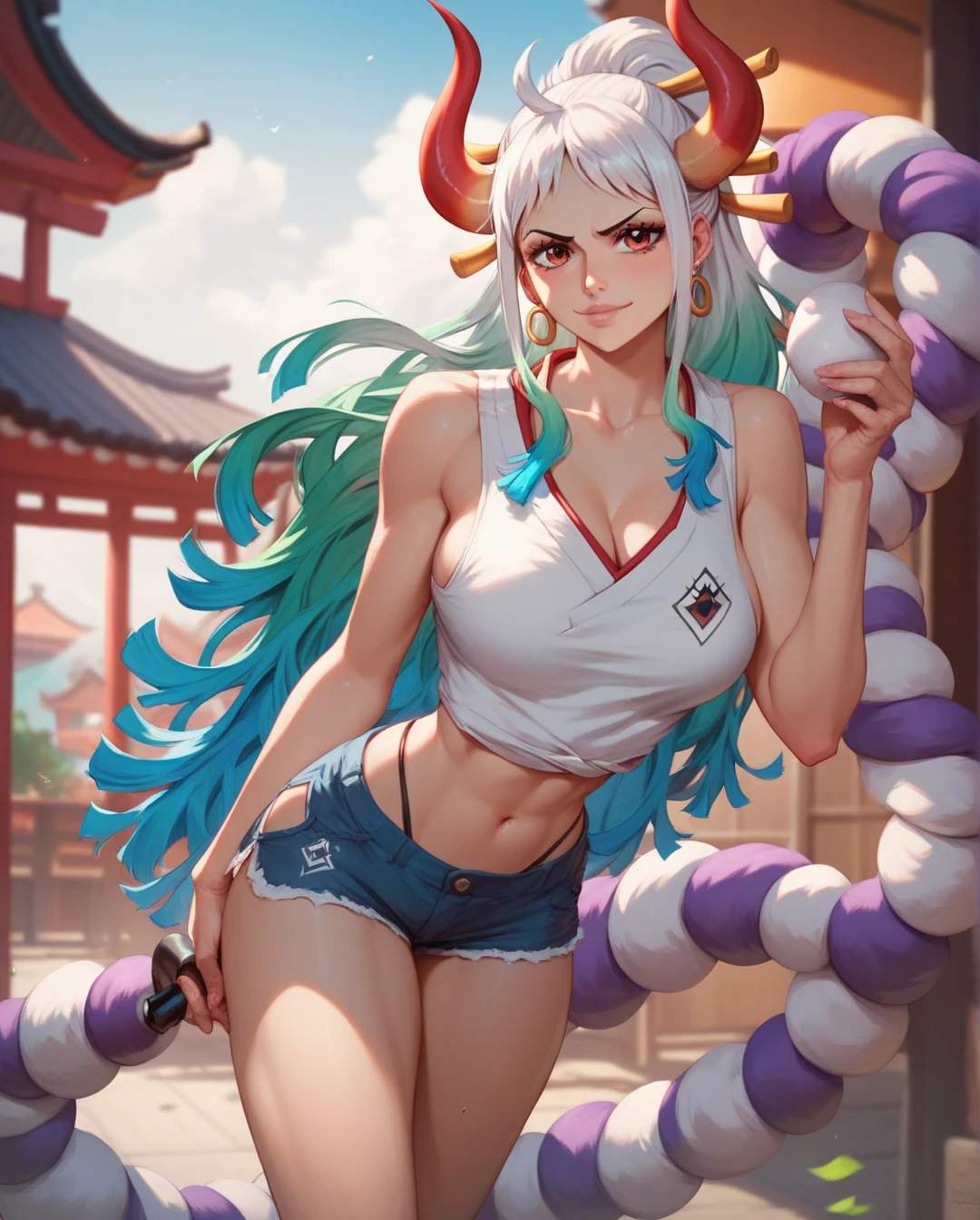 Open mouth to smile, show teeth, pointed teeth, teeth together. (NSFW: 1.98) Arad woman in bikini poses a sword on the beach, extremely detailed Artgerm, on the beach, Ross Tran. Landscape background, perfect white hair girl, seductive anime girl, like Artgerm, on the beach, beautiful seductive anime woman, Rostelland !!!, Rostland style, artistic germ. Anime illustration on a sunny beach, (oily skin)) with horns on the head and two red and yellow horns on the head. End of curl. White transparent cheongsam. (Wearing white transparent fabric cheongsam, cheongsam chest opening, highest fabric material, fabric performance 8K, physics engine calculation demonstration):: 1.8. (High-quality, detailed CG art), (beautiful light and shadow, floating effect) (1 person) (shiny hair, blue hair: 1.2 + gray hair: 1.6), when the skin between the chest and lower abdomen is wet, dripping water droplets and sweat slip together, sexy and gorgeous, still photos convey a dynamic effect. (extremely detailed, well-made, highest image quality, strong specular reflection of the bikini, clear latex texture) The woman is beautiful, extremely sexy, beautiful and moving, seductive, and the transparent texture of the leggings is just right, making people shine. ((NSFW, low saturation)) ((oily skin)), ((water droplets on the skin)), 1.6. The body is moist and shiny, the body is wet and shiny, the body is wet and shiny, the breasts are bigger, the ass is bigger. ((Masterpiece)), the best quality, super fine, highly realistic, wet all over, bathed in rain, every bead of sweat is clearly visible. (Masterpiece: 1.6), (Best Quality: 1.5), Ultra High Resolution, 1 Girl, Very Detailed, 8K, Beautiful, Detailed Eyes, Looking at the Viewer, Intense Dark Colors, (Depth of Field), (Dynamic), (Epic), Sharp Focus, (Intricate Details: 1.86), Full Color, Nano \ (One Piece), Bangs, Bare Shoulders, Belt, Gold Striped Clear Heart Sticker, Blue Sky, Bracelet, Breasts, (Orange Eyes: 1.72), Bubbles, Clouds, Sky, Earri