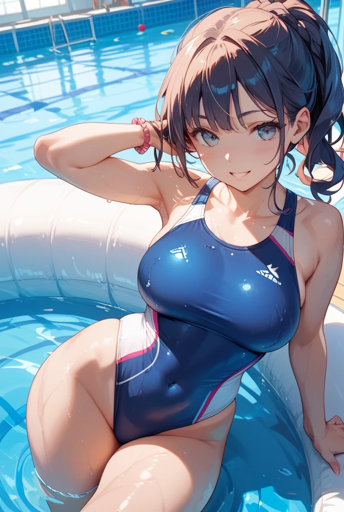 (ロッカールーム:2.0),(Latex large enough to reflect your face:2.0),(One girl:1.5),(Under the chest:2.0),(Smiling Beam:1.5),((Huge breasts:1.8)),(垂れ下がったHuge breasts:1.8), ((Cleavage:3.0)),((Blue competitive swimsuit:2.0)),((High Leg:2.0), 20-year-old,masterpiece,super high quality, Very detailed,Perfect photo,3d,8K,High resolution,Enchanting anime girl, Medium Hair:1.3,Black Hair,(black eye:1.5),Sporty hairstyles,Smooth anime CG art,