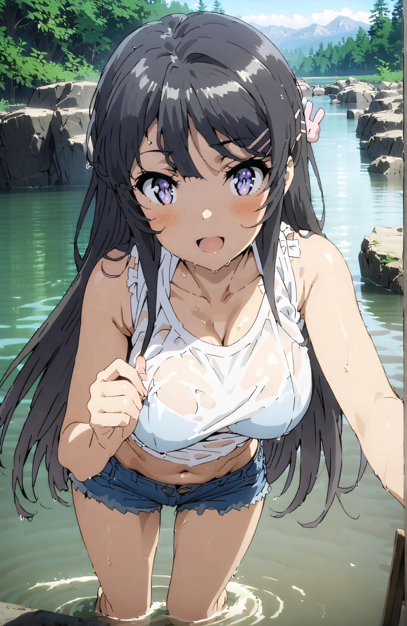 score_9, score_8_up, score_7_up,BREAK,best quality,masterpiece,aesthetic,very aesthetic,(mid,anime style), medium shot, 1girl, inoue takina, lycoris recoil,black bikini,navel,side-tie_bikini, shirt,wet.shirt lift,
(Shiny bare skin), 

cool,
standing pose,top angle,straight-on ,

(beach,sunshine),
