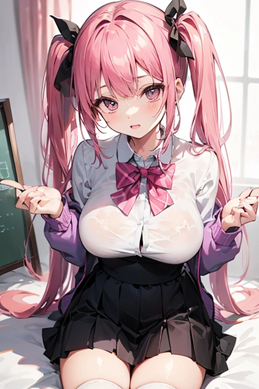 (8K、Top image quality、top-quality、​masterpiece)、A detailed face、1 girl in、Pink hair、(Medium hair)、((twintails))、light blue  eyes、Opens mouth and laughs、large full breasts、(Open chest)、((White shirt))、((Removed button))、long-sleeve、((cleavage))、(Black tube top)、((Black Mini Pleated Skirt))、(Big ass)、thighs、cowboy  shot、Classroom Background