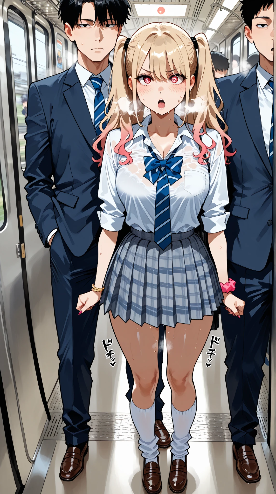 masterpiece, Highest quality, 1 person,( Large Breasts,Are standing, View your audience,),Detailed Background、A person who writes in detail、Accurate human body、Knowledgeable person、Accurate 5 fingers,Mature Woman,Thighsが太い,Cruby Body, shikimorisan, pink hair, long hair, blue eyes, hair between eyes, bangs,,wrist above head,cyclone \(reizei\),Long sleeve、Thighs、alone,TranT, (train interior), netorare, chikan, grabbing, hetero, pussy juices, molestation, public indecency, public use,faceless male fingering, 2boys, faceless male, assisted exposure,