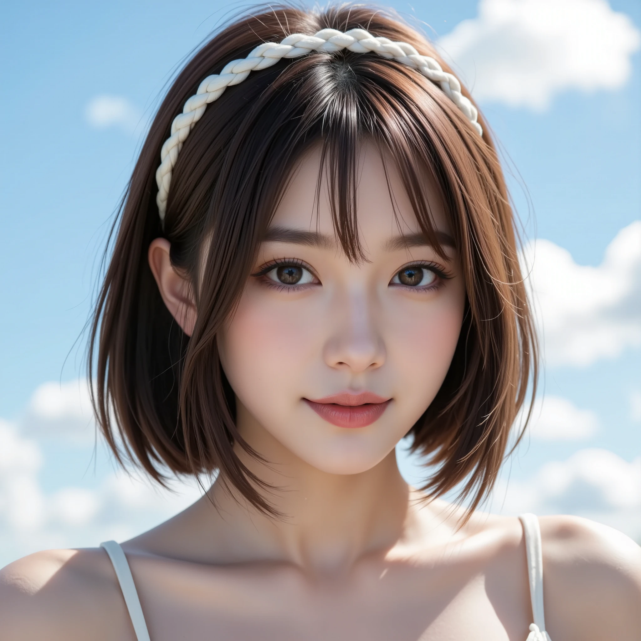 NSFW, (Highest quality), (Ultra-precise CG 16K wallpaper), (Realistic), (High saturation), (Sharp), Beautiful detailed shading, Beautiful natural lighting, Beautiful detailed glow, (Late afternoon sunlight), Natural light, Depth of field, (Mature 24 year old woman, One person), (Beautiful Japanese face with golden ratio), (Straight bob hairstyle with bangs down, wearing a white braided headband), (Shiny brown hair), (Sparkling eyes), (Woman is smiling with half-open mouth: 1.4), (The woman is looking at me), (Blue sky and clouds), (Full screen image), (Close-up shot of woman's face), (Image of woman looking from the front),