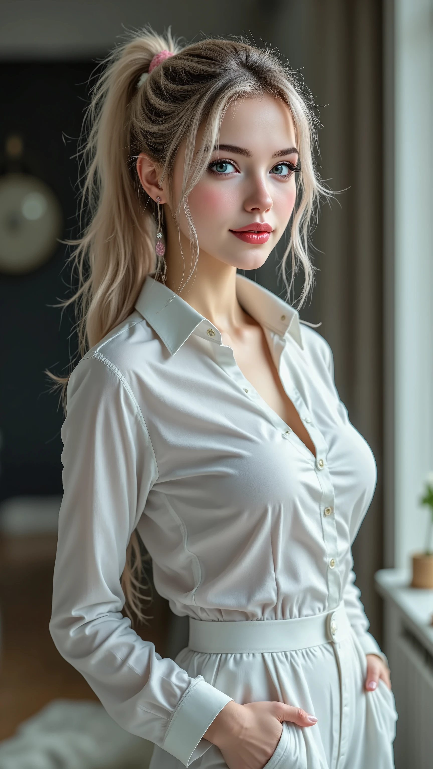 realistic ((photorealism)), Hyper Hi-Res, ((Super Quality, epice masterpiece , exquisitely detailed digital art)),((focus on extremely realistic Proportion Body:1.3), ((full body photo)), Her Friends and Perfect Pear Shape, Pink and Green Hair , long ponytail, ((sharp concentration in clothes, no blurry eyes, extremely absurd quality, HYPER DETAIL,超realisticな緑色の目:1.4)), (Tender eyes), (Detailed eyes , ( ultra-fine detailed eyes )), She's a Russian beauty with lovely big eyes , silver hair, red lips, pale skin, clean skin, Perfect pear-shaped figure, And She's 174 cm tall, She's a Spy, and she infiltrates a major US agency wearing a white women's suit, Most people don't know She's a Spy, she's so beautiful , She has an attractive smile, The Greatest Spy, dslr, HIGH QUALITY SPLIT LIGHT , sharp concentration in clothes captured by Fujifilm XT3, f 5.6,(perfect composition),((viewers)), (rendering engine: "Unreal Engine 5 path tracing, 16K texture map") Ultra High Definition,Unreal 5,subsurface scattering, PBR Texturing ,Post processing,anisotropic filtering,depth of field in shallow water,Maximum Sharpness and Sharpness,Multilayer Texture,albedo and specular maps,Surface Shading,precise simulation of the interaction between light and matter,完璧な比率,octane rendering,Two-tone lighting,Open aperture, Low ISO, white balance on the lunar surface , The rule of thirds