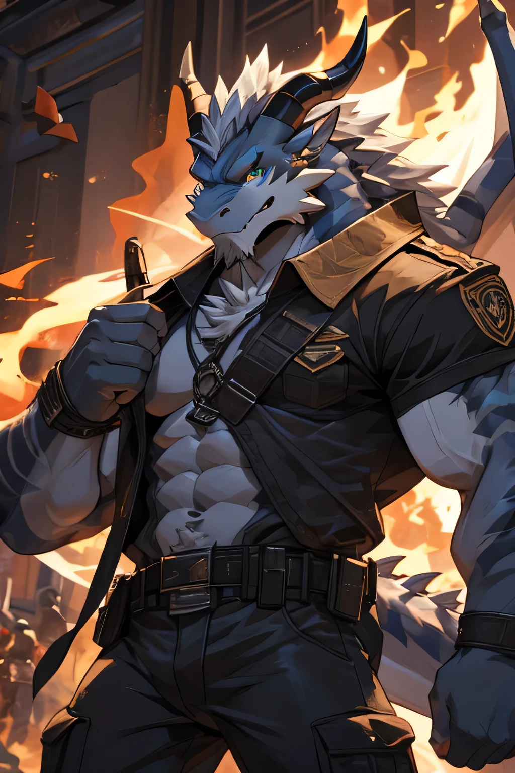 obra de arte, pose legal, furry gray dragon, Strong medium body, olhos azuis, medium gray hair, Camisa Preta de Combate, Luvas de combate, combat pants, feroz, good looking