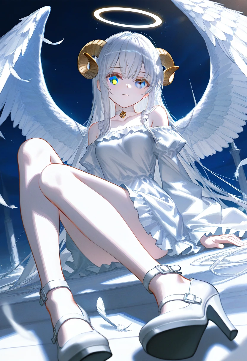 Female angel with big white wings, long straight brown hair, sky blue eyes wearing light white dress