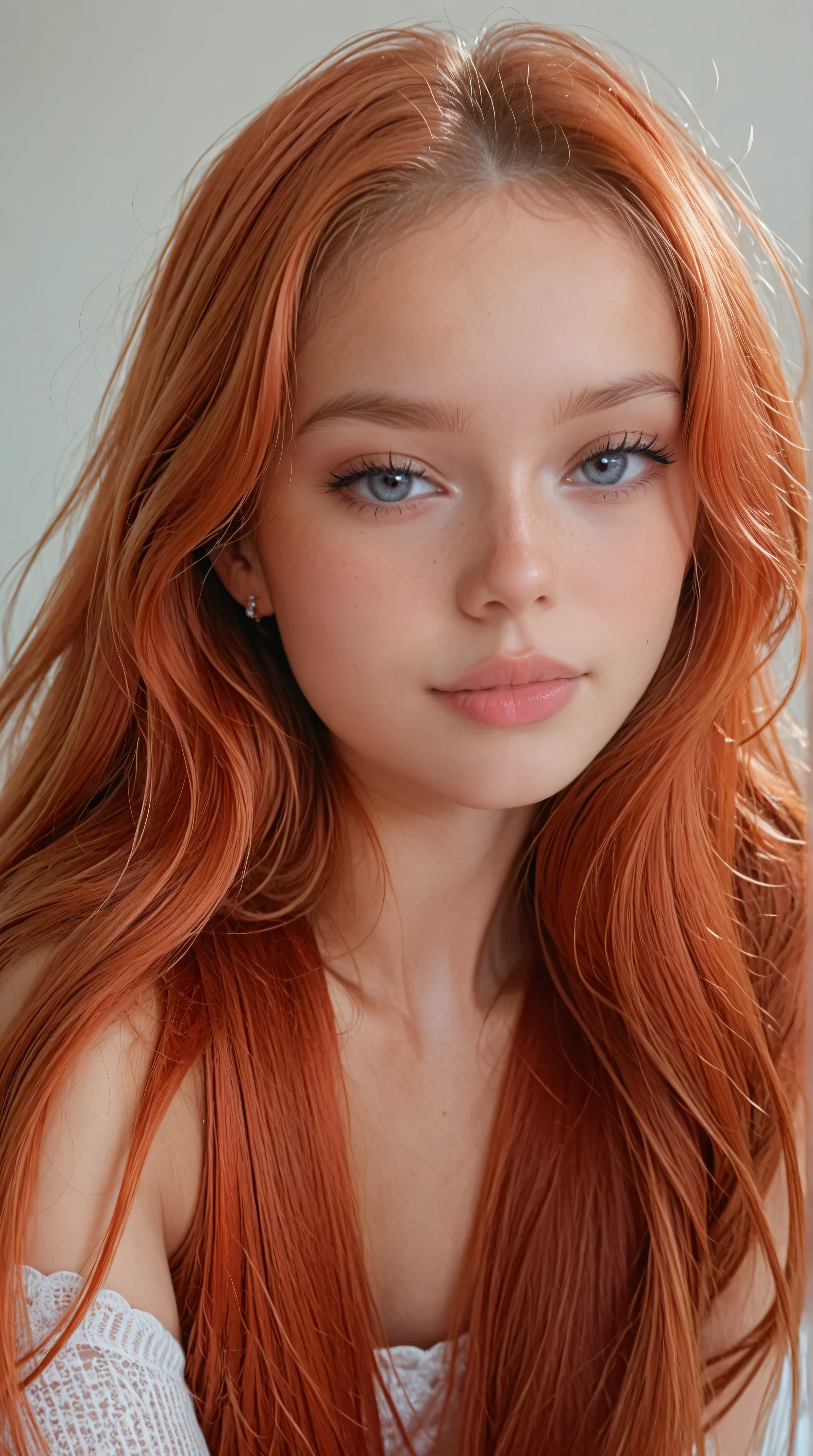 18 years old girl with very cute face with very long straight redhead hair is staying above us in red glossy pantyhose, we can see her from down