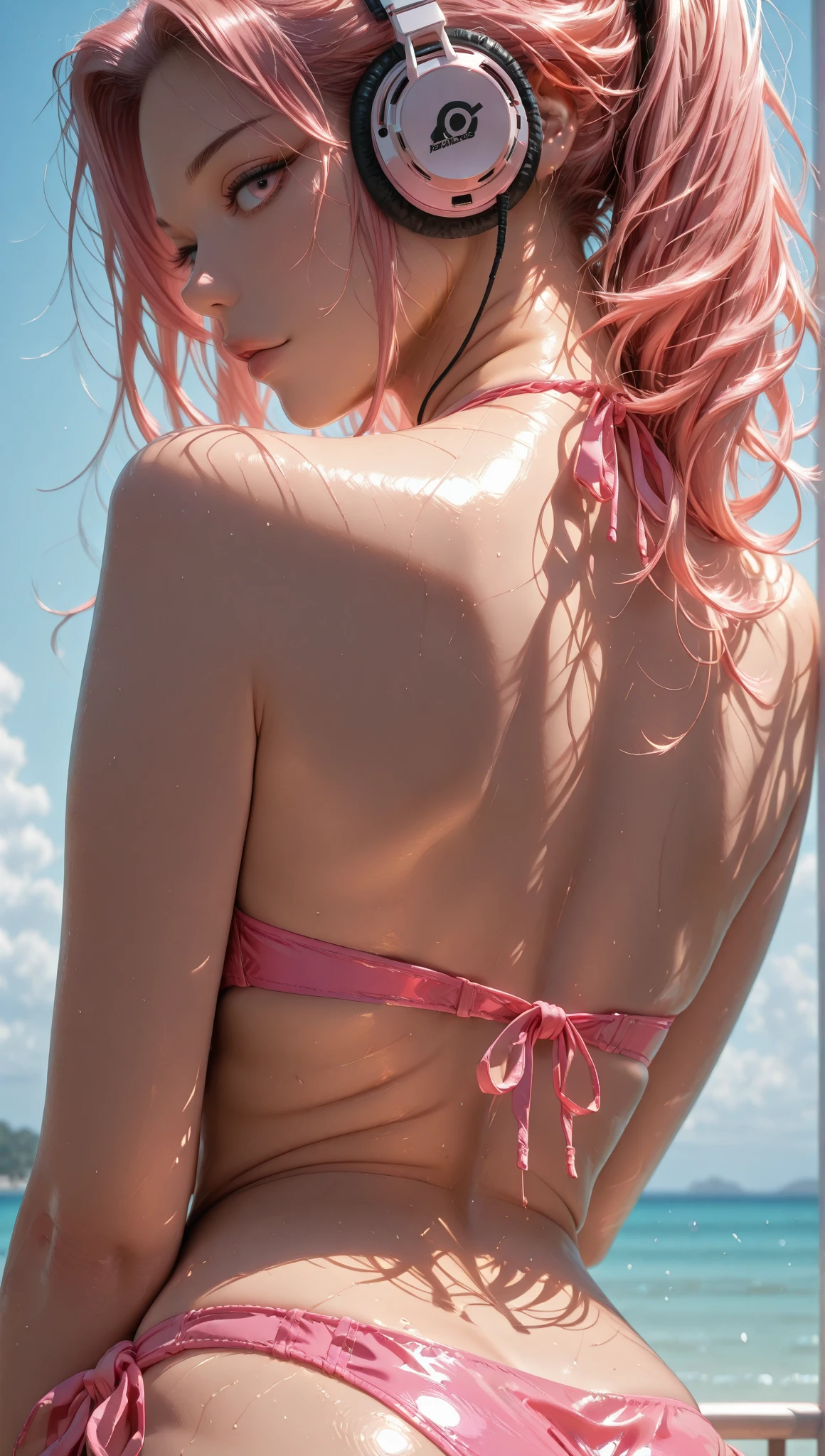 Beautiful slim small young girl with white skin short pink hair, small breasts, cintura delgada muslos grandes, usando bikini rosa, y usando una mini falda blanca, caminando por la playa en un atardecer, walking with his back to the camera, warm lighting,