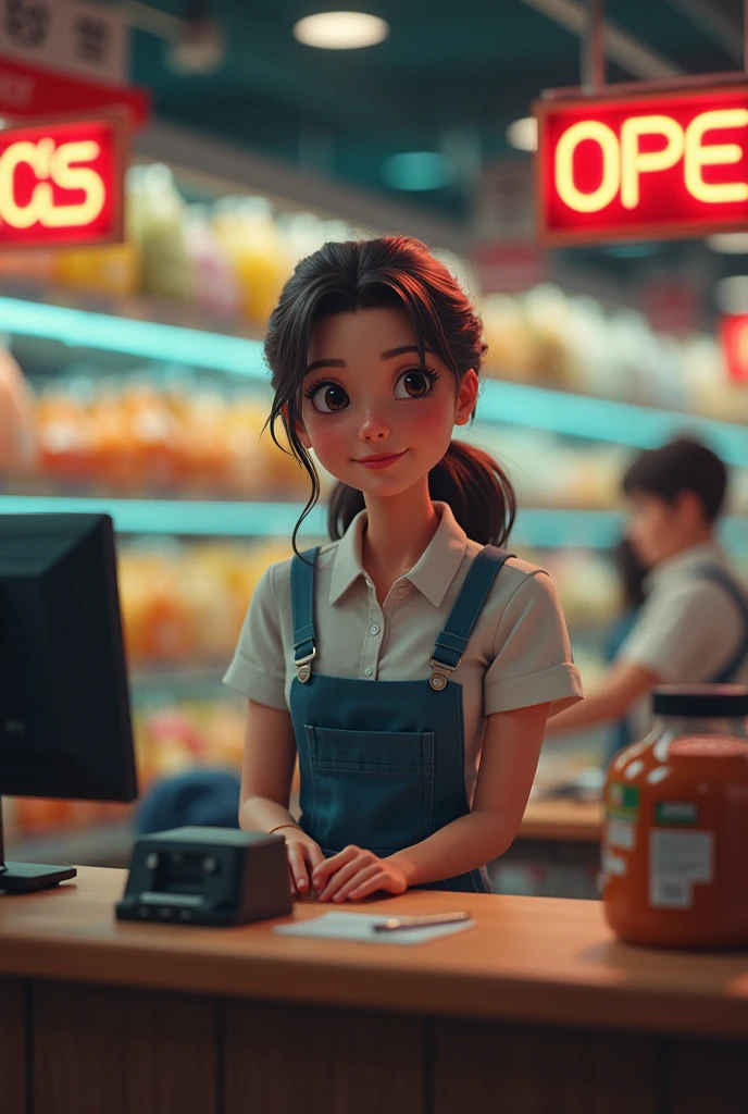 Beautiful fast food clerk、Listen to orders from customers、Crowded store