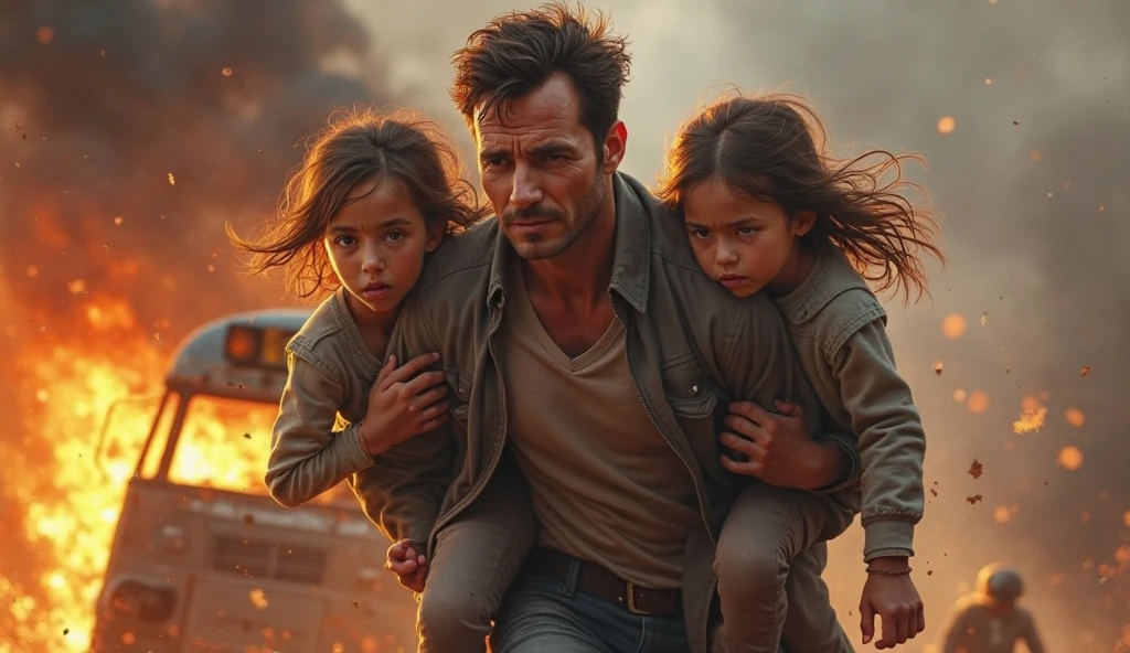 A father protects his children from flood waters.