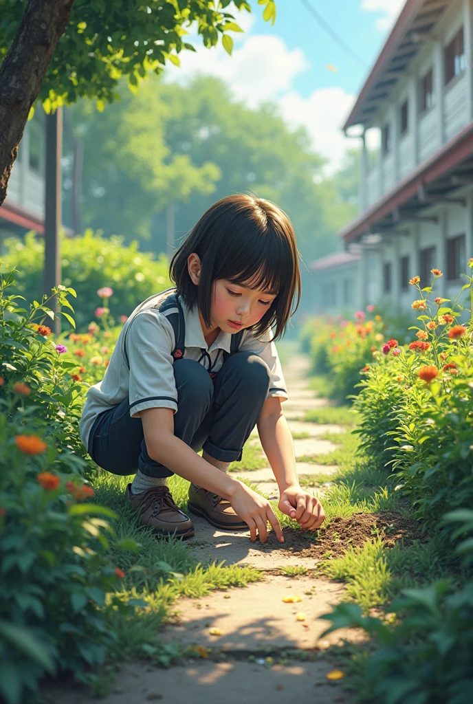 Watering children、lovly、schoolboy、Watering the flower、There are flowers inside the pot、fresh flowers、 --auto