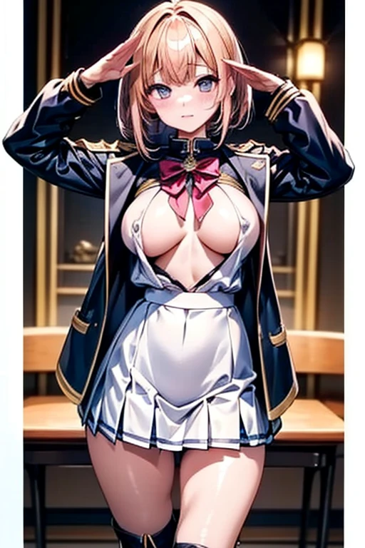 Juna Crawford, (((Yellow panties))), undergarment、Yellow bra、Open mouth, embarrassed from, Adults, (((Sukesuke panties)))、a blue skirt, (((((torn clothes))))), sitting, against wall, nipples, Breast