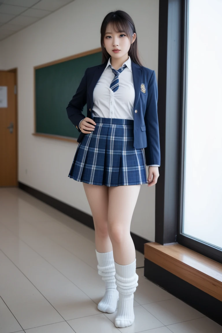 detail, realistic, smile, shot from below, facing front, black school uniform, juvenile, black hair, straight long hair, mini skirt, white naughty underwear