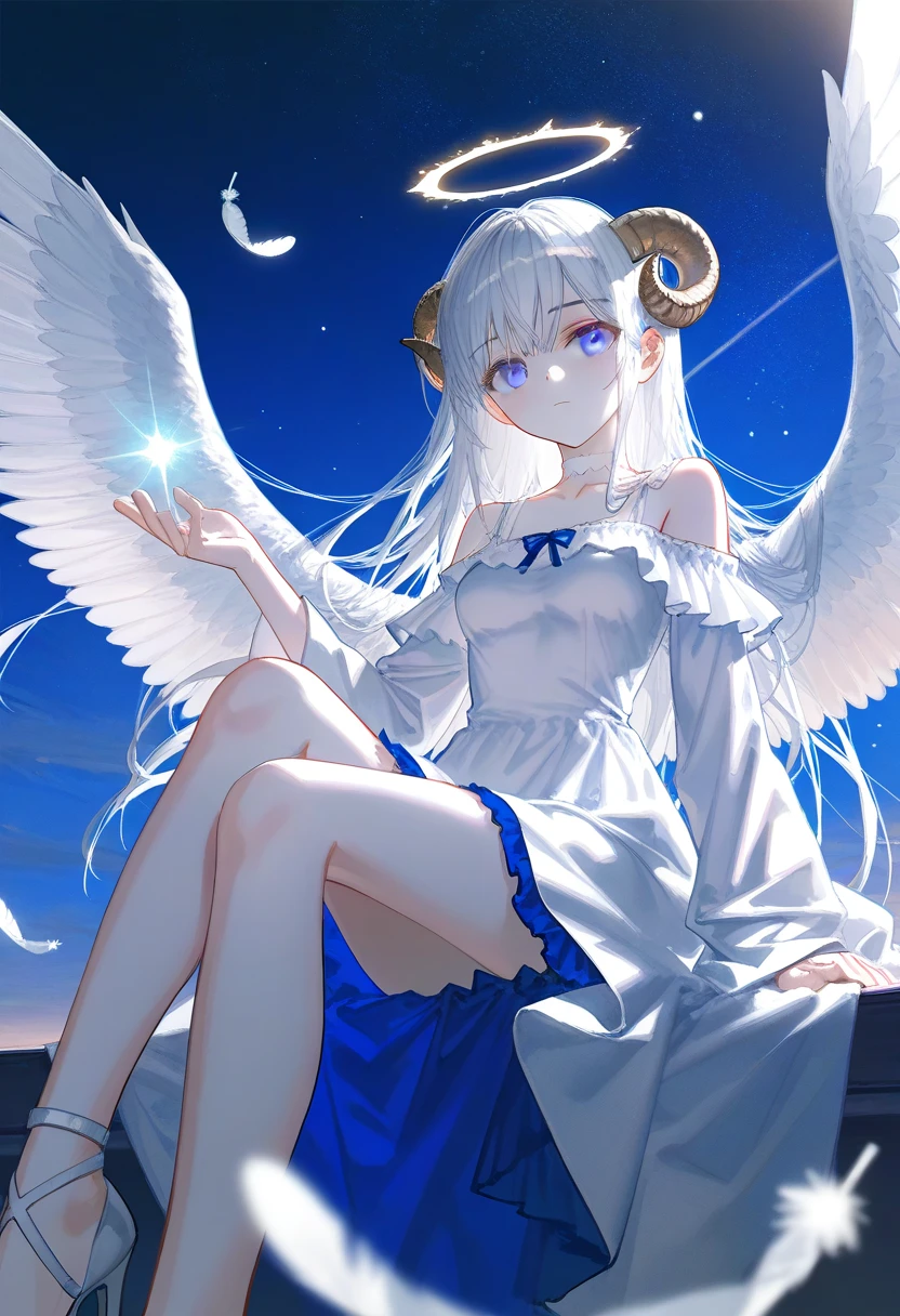 One very cute devil girl、One very cute angel girl、standing position、full body shot、white luxury dress、not wearing panties、Transparent white skin、the sun and the moon、god々new light、background night sky、smile、open your mouth、