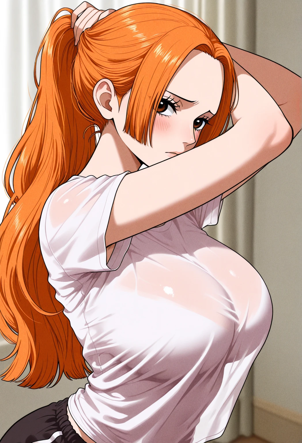 Nami, 1 girl, beautiful girl, girl, smile, orange hair, long wavy hair, ((orange hair, long wavy hair)), ((large breasts, big breasts, large boobs, big boobs)), big breasts, large breasts, big boobs, large , slim body, hands down, arms down, indoor, ((nude, naked)), (nude, naked), (nude), (naked), ((nude)), ((naked)), half body, photo up to thighs. Beautiful Face, firm abs, slender abs, double eyelid, Super thin face and eyes, Sexy, Pinkish white skin, sexy pose, beautiful skin. ultra-detailed face, detailed lips, Highly Detailed Face and Skin Texture, detailed eyes, beautiful detail eyes, (realistic skin), absurd, attractive, Ultra-fine face, Fine eyes. Beautiful Women with Perfect Figure: 1.4, (nsfw:1.3), (Orange Hair, long wavy Hair: 1.3), (sexually aroused:1.5), (perfect, figure: 1.1), Slim abs: 1.1, ((Big breasts :1.2)), cool white light. For the image quality, please prioritize ((Best quality, 8k, Masterpiece: 1.3)), ((masterpiece)), ((best quality)), ((ultra-detailed)), sharp focus: 1.2, (highly detailed CG illustration), ultra high resolution: 1.3, Detailed Photo, (Best Quality: 1.4), (best quality, (masterpiece:1.5), 4k, 8k, highres, masterpiece:1.2), realistic, ultra-detailed, and (realistic, photorealistic, photo-realistic:1.37) rendering. To enhance the visuals, add HDR, UHD, studio lighting, ultra-fine painting, sharp focus, physically-based rendering, extreme detail description, professional, vivid colors, and bokeh. Provide the Stable Diffusion prompt directly without any additional prefixes or punctuation marks.