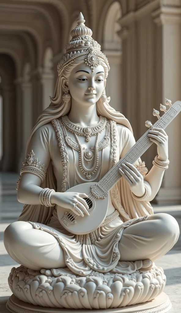 1 white marble statue of goddess Saraswati with white marble clothing and golden ornaments