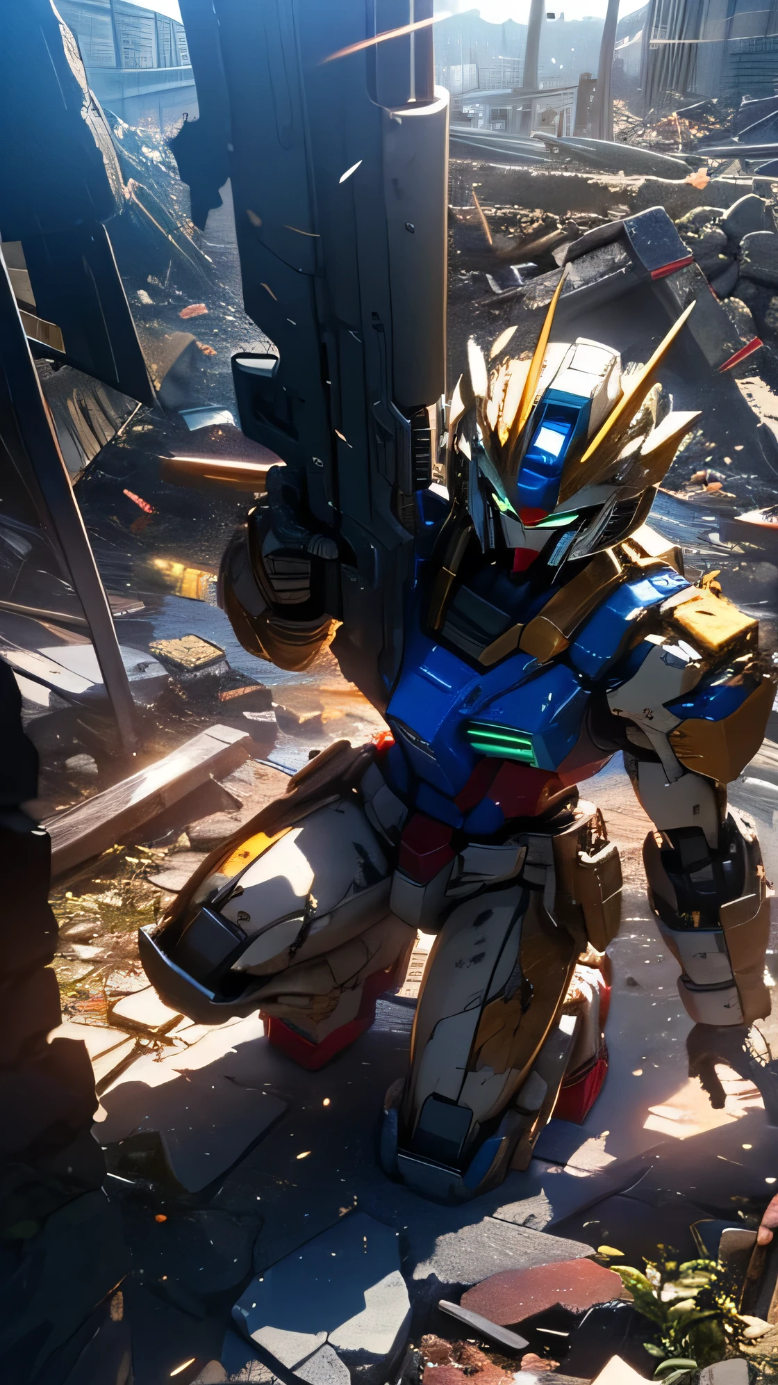 (one_knee:1.5), open legs,
(from below), ((best quality)), ((masterpiece)), high resolution, sharp focus, (ultra detailed, highly detailed), (highly detailed CG unity 8k wallpaper),
(((vibrant colors))), {best illustration}, So_GunDam,looking ahead, robot
Beautiful outdoor, outdoors, cowboy shot, zoom layer
weapon, holding weapon, holding,gun,holding gun, beam rifle, open hand, energy gun, clenched hand,
Armor damage, internal mechanisms exposed, sparks, (oil leaks), (smoke), dirt,
beam, (damaged), (destruction), ruins, post-battlefield, (Sitting on rubble:1.5),