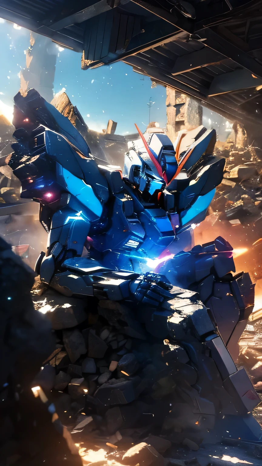 (Standing:1.5), (from side:1.2), light particles,
(from below), ((best quality)), ((masterpiece)), high resolution, sharp focus, (ultra detailed, highly detailed), (highly detailed CG unity 8k wallpaper),
(((vibrant colors))), {best illustration}, So_GunDam, looking ahead, robot
Beautiful outdoor, outdoors, cowboy shot, zoom layer,
weapon, holding weapon, holding, holding beam rifle, beam rifle, energy gun, clenched hand,
(Armor damage), (internal mechanisms exposed), sparks, (oil leaks), (smoke), dirt, sparks are dancing,
beam, (damaged), (destruction), ruins, post-battlefield, (Sitting on rubble:1.5),