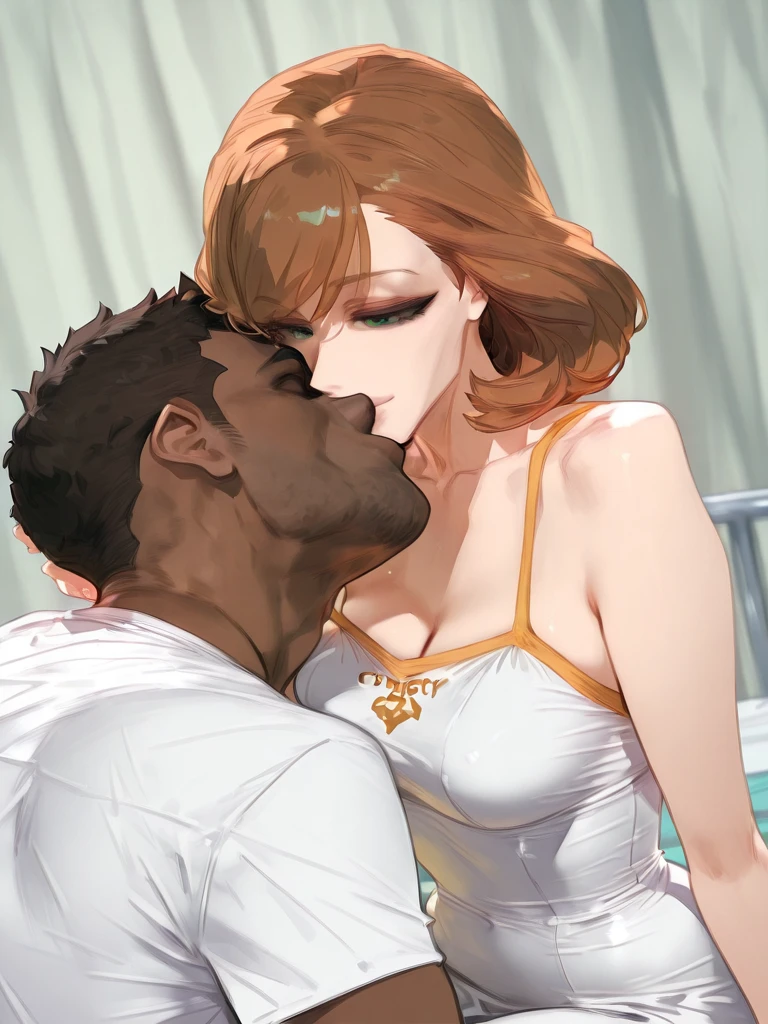 ((Highest quality)), ((masterpiece)), (detailed), (Perfect Face)、The woman is Princess Leona, naked with long light brown hair.、On a luxurious bed, a woman is embraced by a naked, dark-skinned black man, and she seems happy as she clings to him.、The woman has long hair