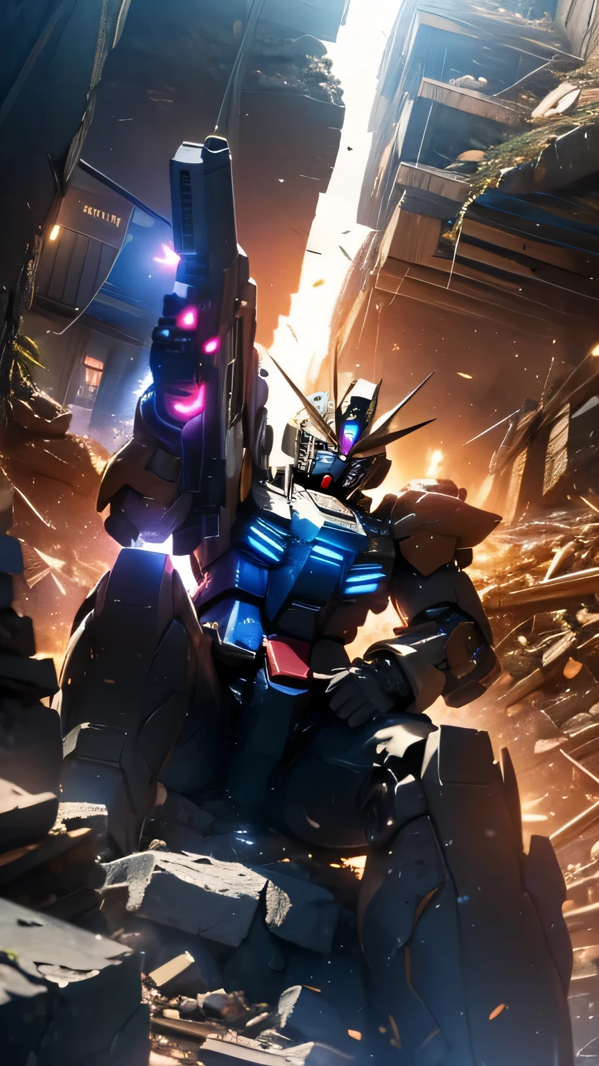 Standing in honor,
(from below), ((best quality)), ((masterpiece)), high resolution, sharp focus, (ultra detailed, highly detailed), (highly detailed CG unity 8k wallpaper),
(((vibrant colors))), {best illustration}, So_GunDam,looking ahead, robot
Beautiful outdoor, outdoors, cowboy shot, zoom layer
weapon, holding weapon, holding,gun,holding gun, beam rifle, open hand, energy gun, clenched hand,
Armor damage, internal mechanisms exposed, sparks, (oil leaks), (smoke), dirt,
beam, (damaged), (destruction), ruins, post-battlefield, (Sitting on rubble:1.5),
