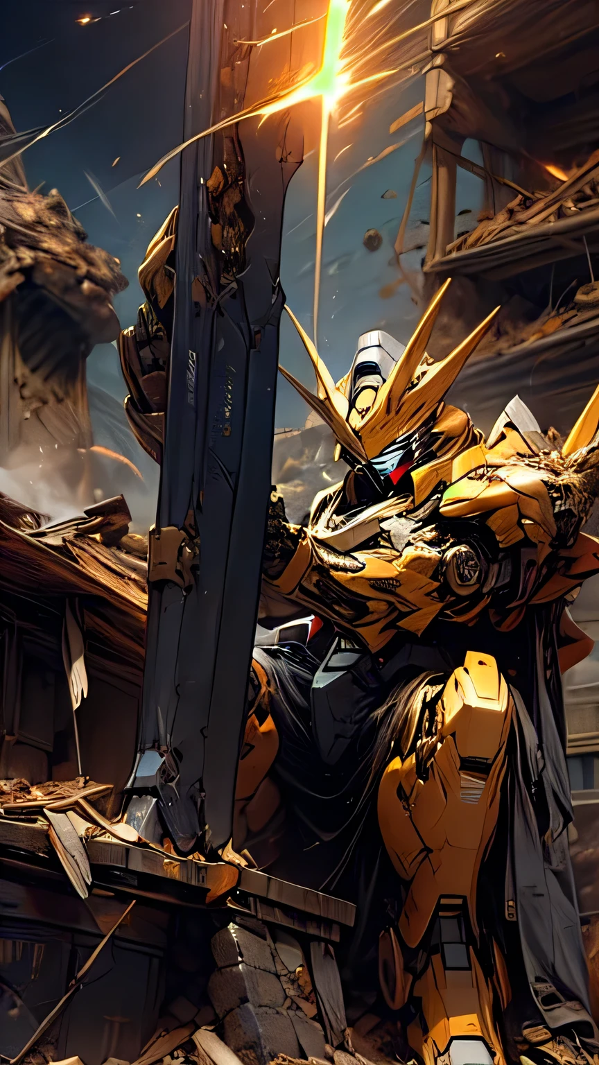 (Standing:1.5), light particles,
(from below), ((best quality)), ((masterpiece)), high resolution, sharp focus, (ultra detailed, highly detailed), (highly detailed CG unity 8k wallpaper),
(((vibrant colors))), {best illustration}, So_GunDam, looking ahead, robot
Beautiful outdoor, outdoors, cowboy shot, zoom layer,
weapon, holding weapon, holding, holding beam rifle, beam rifle, energy gun, clenched hand,
(Armor damage), (internal mechanisms exposed), sparks, (oil leaks), (smoke), dirt, sparks are dancing,
beam, (damaged), (destruction), ruins, post-battlefield, (Sitting on rubble:1.5),