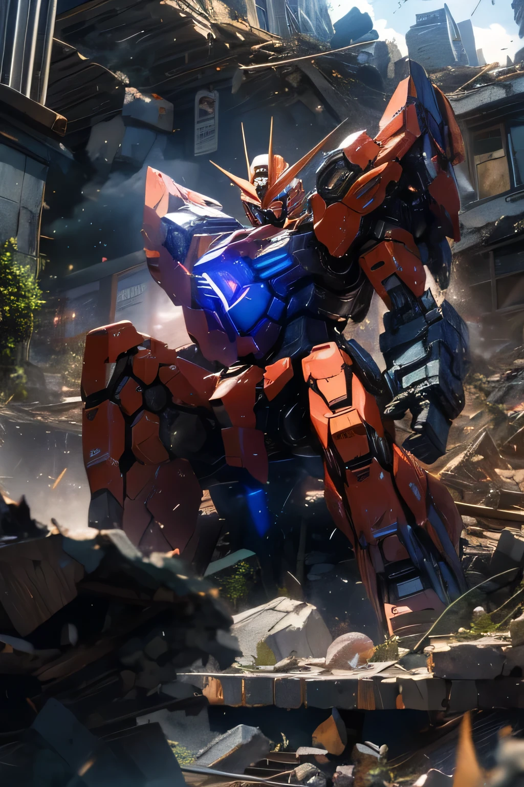 (Standing:1.5), light particles,
(from below), ((best quality)), ((masterpiece)), high resolution, sharp focus, (ultra detailed, highly detailed), (highly detailed CG unity 8k wallpaper),
(((vibrant colors))), {best illustration}, So_GunDam, looking ahead, robot
Beautiful outdoor, outdoors, cowboy shot, zoom layer,
weapon, holding weapon, holding, holding beam rifle, beam rifle, energy gun, clenched hand,
(Armor damage), (internal mechanisms exposed), sparks, (oil leaks), (smoke), dirt, sparks are dancing,
beam, (damaged), (destruction), ruins, post-battlefield, (Sitting on rubble:1.5),