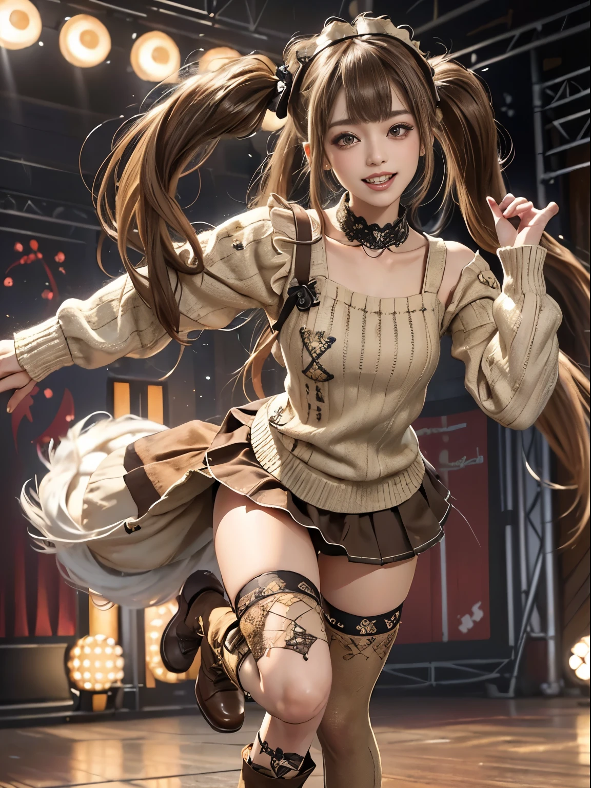 (full body view:1.idemap:1.0)、(teeth and laugh:1.3),(Shibuya Gal:1.2K Gal:1.5)、(Detailed maid cafe uniforms:1.5)、( punk rock visual:1.5)、( Tattered Brown and Cream Fluffy Sweater:1.5)、(Red and Brown Tattered Pleated Skirt :1.4)、(headband:1.3)、(beige and brown jeweled lace knee socks:1.4)、(Embellished collar and western boots:1.4)、(underwear visible:1.4)、(28 years old)、(dance:1.3)、((Highest Quality、8K、masterpiece:1.3))、1 female、Slim and beautiful abs:1.3、(hairstyle casual、beautiful :1.1)、dress:1.uper small face、Narrow eyes、double eyelids、smirking smile、Full Body Esthian、Dynamic Angles、close-up、CPL Filter、blurry background with 100 bodies、bokeh、blue hour、Detailed face and skin texture、detailed eyes,(twin tails:1.3)、(Brown-golden hair:1.3)、gravure idol,( the background is a glamorous musical show stage :1.3)、(Make your legs thinner:1.lim body:1.3)、(clavicle:1.1)