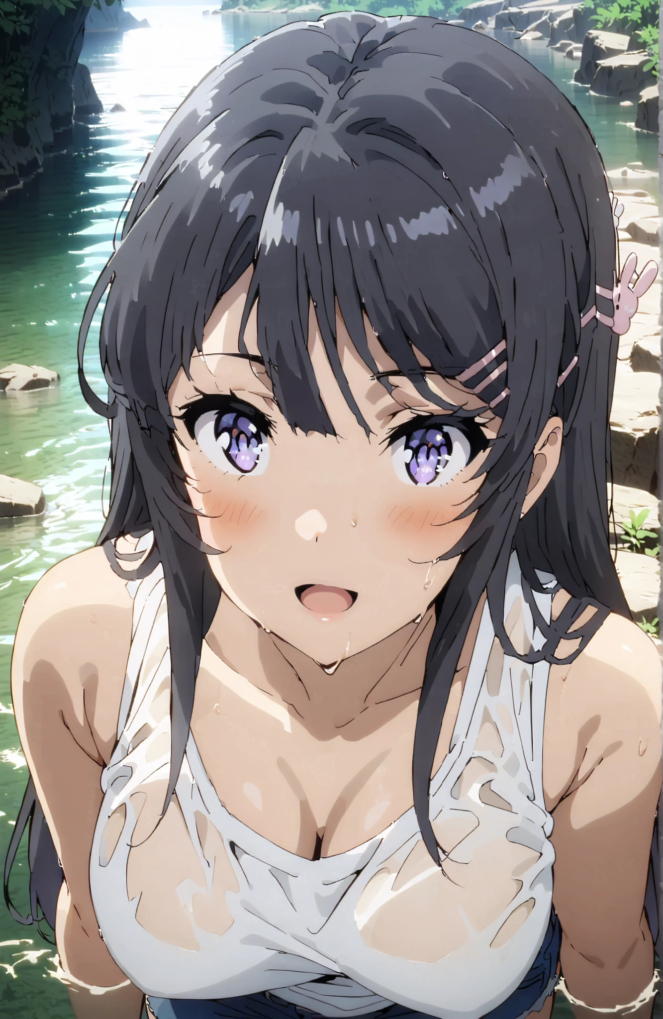 Mai Sakurajima, solo,long hair, Bang, black hair, hair ornament, purple eyes in gla, hair clip, rabbit hair ornament,Big Breasts,smile,blush,open your mouth,standing,tank top,tank topの裾を縛る,belly button out,denim micro shorts,Bare legs,Glowing Skin,see through,wet hair,wet clothes,wet skin,river遊び, playing in the water,river,forest,Mountain,Submersion,scatters,full bodyがイラストに入るように,in their 40s looking at viewer,full body,
in their 40s outdoors,nature,
in their 40s (masterpiece:1.2), best quality, high res, Unity 8Kの壁紙, ( 's art :0.8), (beautiful detailed eyes:1.6), very detailed face, perfect lighting, very detailed CG, (perfect hand in h, Perfect Anatomy),